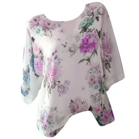 CLZOUD Womens Shirts Summer Purple Chiffon Women Plus Size Loose Floral Print Slash Neck Blouse Pullover Tops Shirt L