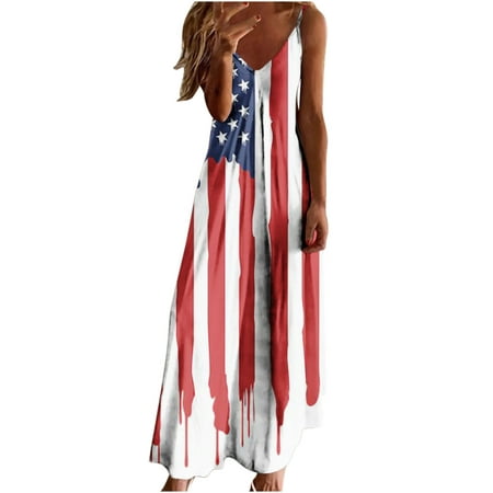 Gakvbuo Summer Savings Clearance Dresses for Women 5104 Independence Day Women Fashion Sling Mid-waist V-neck Sleeveless Stripe Printing Slim Beach Lo