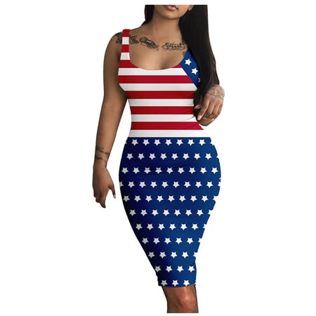 Perfect Summer Gift HIMIWAY Maxi Cheap MIDI Wedding Guest Plus Size Women 9585 Summer Loose Casual Large Size Independence Day V-Neck Sleeveless Dress