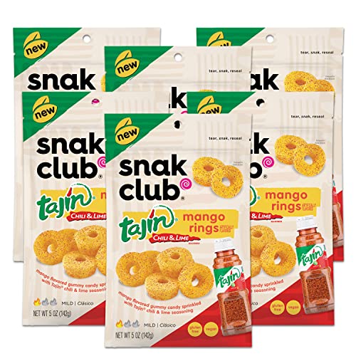 Snak Club Tajin Mango Rings, Chili & Lime Sweet and Spicy Gummy Snacks, Mild in Heat Bold in Flavor, Vegan Gluten-Free Snack, 5oz Resealable Bag, 6 Co