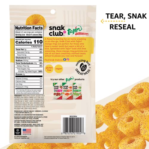 Snak Club Tajin Mango Rings, Chili & Lime Sweet and Spicy Gummy Snacks, Mild in Heat Bold in Flavor, Vegan Gluten-Free Snack, 5oz Resealable Bag, 6 Co thumbnail