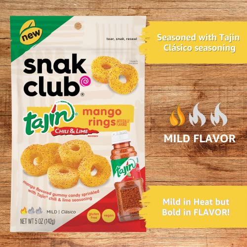Snak Club Tajin Mango Rings, Chili & Lime Sweet and Spicy Gummy Snacks, Mild in Heat Bold in Flavor, Vegan Gluten-Free Snack, 5oz Resealable Bag, 6 Co thumbnail