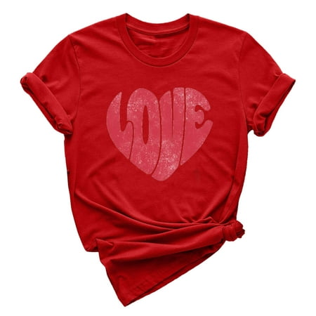 GWAABD Long Sleeve Shirts Womens Valentines Day Printed Short Sleeve O Neck T Shirt Top