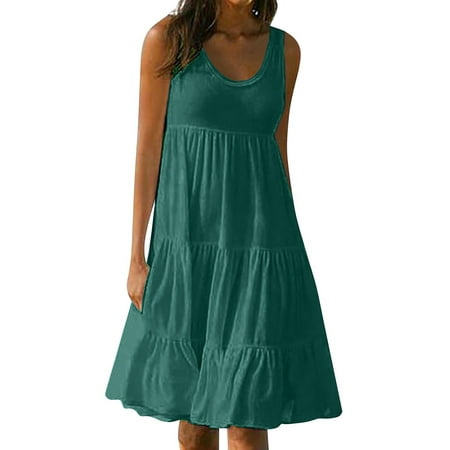 Casual Dress for Women Summer Long High Waist Tied Solid Color Round Neck Dresses