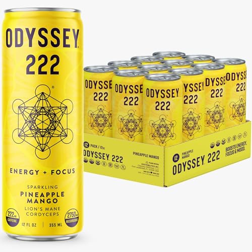 Odyssey Elixir Energy and Focus Sparkling Mushroom Drink  222mg Pineapple Mango Flavor 12 Fl Oz (Pack of 12)