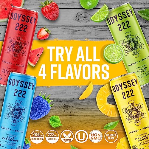 Odyssey Elixir Energy and Focus Sparkling Mushroom Drink  222mg Pineapple Mango Flavor 12 Fl Oz (Pack of 12) thumbnail