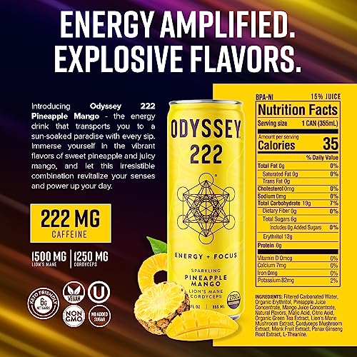 Odyssey Elixir Energy and Focus Sparkling Mushroom Drink  222mg Pineapple Mango Flavor 12 Fl Oz (Pack of 12) thumbnail