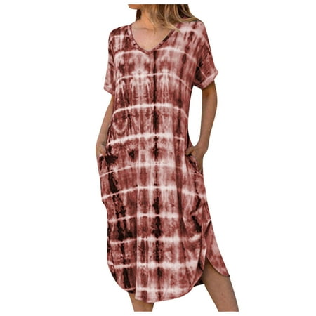 CLZOUD Womens Casual Dresses Polyester Womens Short Sleeve V Neck Gradient Printed Dress Casual Loose Beach Sundress L