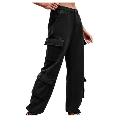 QUYUON Pants Women Mid-Waist Pocket Denim Overalls Casual Pants Women Work Pants Long Pant Leg Length Cargo Pant Style N-3252 Black XXL