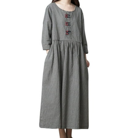 CLZOUD Women Casual Dresses Grey Polyester Women Long Dress Big Code Girl Japanese Style Linen Long Sleeve Checked Dress L
