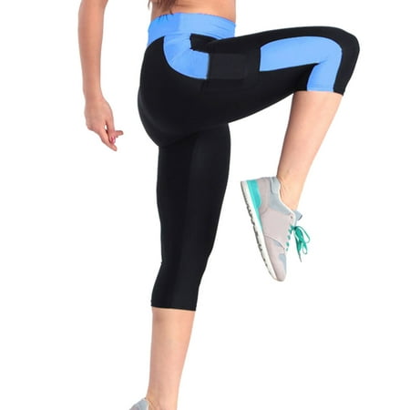 CLZOUD Stretchy Work Pants for Women Blue Polyester Women S High Waist Tummy Control Yoga Workout Capris Leggings Side Pockets