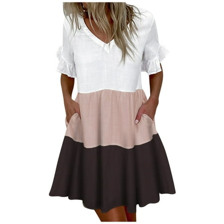 Casual Dress for Women Summer V-Neck Ruffles Short Pleated Mini Fashion Sleeve Beach Dresses