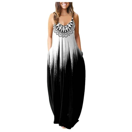 Casual Dress for Women Plus Size Summer Neck Flower Print Sleeveless Pullover Long Dresses