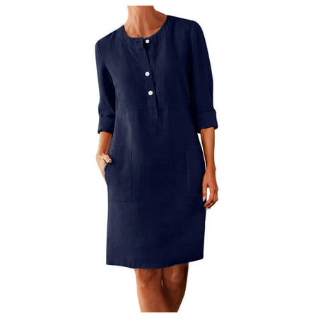 Casual Dress for Women Summer Round Neck with Buttons Boho Knee-Length Loose Dresses