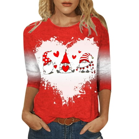 GWAABD Short Sleeves Tops for Women Womens Casual Tops Three Quarter Sleeve Round Neck Tee T Shirt Loose Valentine S Day Love Printed Blouse Loose Tun