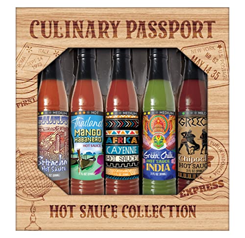 Culinary Passport 5 Ct Gift Set, Variety Hot Sauce Box with Sriracha, Mango-Habanero, Cayenne, Green Chili, and Chipotle Hot Sauce, 15 Fl Oz, Gifts Fo