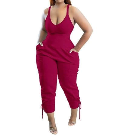 GWAABD V Neck Halter Sleeveless Jumpsuit Women S Casual Solid Pocket Strap Jumpsuit Jogging Jumpsuit
