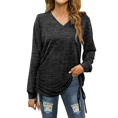 GWAABD Womans Sweatshirts Ladies Casual Solid Color V Neck Hem Tie Long Sleeve Women T Shirt