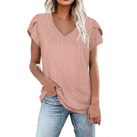 CLZOUD Blouses for Women Business Pink Spring and Summer New Solid Color V Neck Short Sleeve Loose Shirt Casual Loose T Shirt Top M