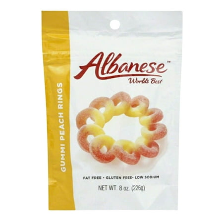 JSC Albanese Gummi Peach Rings 8 Oz. Great Sharing Softer Chew Enjoy at Home Fat Free Gluten Free Low Sodium Bursting Flavor Treats USA Made Fresh Pea