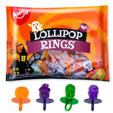 AMOS Halloween Lollipop Finger Rings Candy  Individually Wrapped Pops Ring Sucker  Party Favors Candy Bulk - Great for Trick and Treat，12 Count