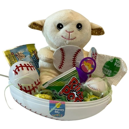 Baseball Themed Easter Basket Prefilled Egg Gifts with Animal Stuffed Toy Ring Pop Mini Eggs Surprise Candies & Toys for Kids Toddlers Boys Spring Sum