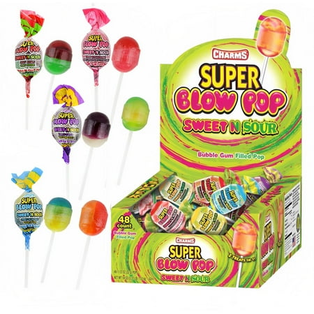 CHARMS Super Blow Pop  Sweet N Sour  Bubble Gum Filled Lollipops (48 Count Box)