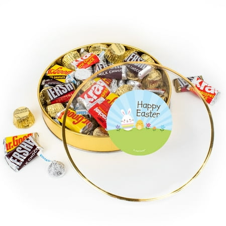 Just Candy Easter Chocolate Gift Tin - Plastic Tin with Candy Hershey's Kisses, Hershey's Miniatures & Reese's Peanut Butter Cups, 67 Pieces - Assorte
