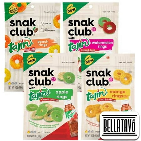 Fruit Rings Candy Bundle. Includes Four-5 Oz Bags of Snak Club Tajin Gummy Rings Vegan Candy Plus a BELLATAVO Fridge Magnet! One Each: Peach Rings  Wa