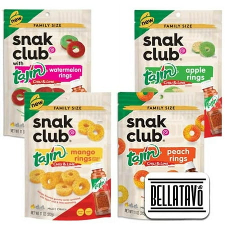 Gummy Rings Vegan Candy Bundle. Includes Four-11 Oz Bags of Snak Club Tajin Gummy Rings Plus a BELLATAVO Fridge Magnet! One Each: Peach Rings  Waterme