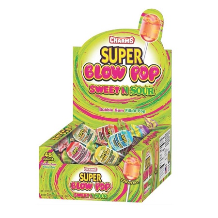 Charms Super Blow Pops  Sweet N Sour Bubble Gum Filled Lollipops - 48 Count Box