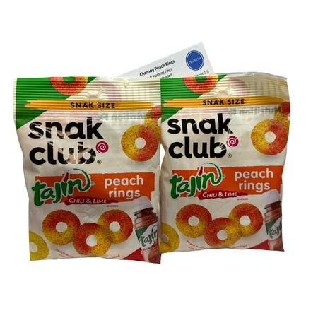 Snak Club Tajin Chili & Lime Peach Rings Gummy Candy Bundle: (2) 2.5Oz Bags & Thisnthat Recipe Card