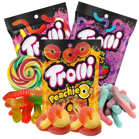 Candy Bundle  Squiggles Worms  Very Berry Sour Brite Crawlers  and Peachie-O S Peach Rings  Shareable Bagged Sweet and Sour Candies  Pack of 3