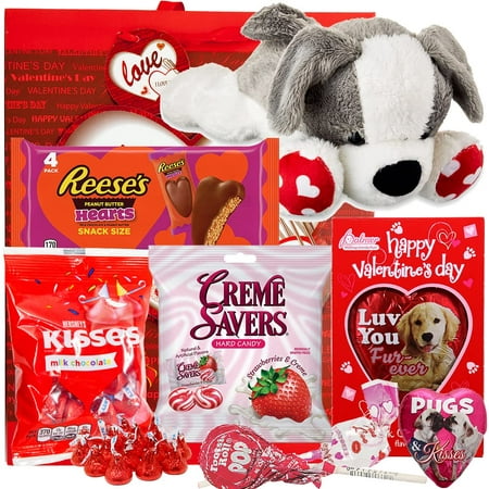 Day Gift Basket | Puppy Dog Plush  Reeses  Kissees  Creme Savers  Milk Chocolate Bar  Tootsie Lollipop  Pop  Bag & Card - Him Her Boy Girl Friend Kids