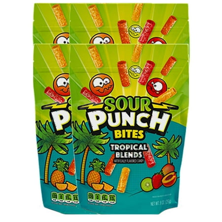 NEW Sour Punch Bites Featuring Tropical Blends  Raging Reds  Assorted & Strawberry Perfect Mouthwatering Snack for Movie Nights 9Oz (Tropical Blend  4