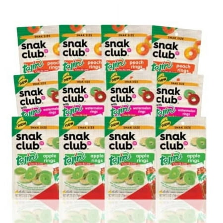 Gummy Rings Variety Pack. Includes Twelve 2.5 Oz Snack Size Bags of Snak Club Tajin Gummy Rings. 4 of Each Flavors: Peach Rings  Watermelon Rings  & A