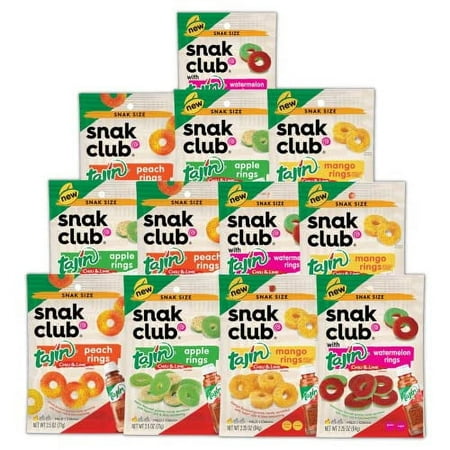 Fruit Rings Gummy Candy Bundle. Includes Twelve-2.5 Oz Bags of Snak Club Tajin Gummy Rings! 3 of Each: Peach Rings  Watermelon Rings  Mango Gummies & 