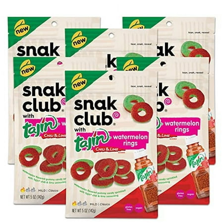 Snak Club Tajin Watermelon Rings  Chili & Lime Sweet & Spicy Gummy Snacks  Mild in Heat Bold in Flavor  Gluten-Free Snack  5oz Resealable Bag  6 Count