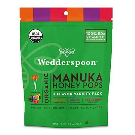 Wedderspoon Organic Manuka Honey Lollipops  Variety Pack  24 Count (Pack of 1)| Genuine Manuka Honey + Vitamin C| No Artificial Flavors or Dye| Feel B