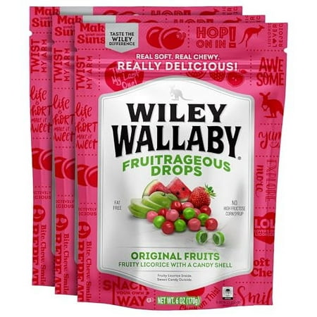 Wiley Wallaby 6 Oz. Fruitrageous Drops Original Fruits Gourmet Australian Style Soft & Chewy Licorice Candy Drops  3 Pack