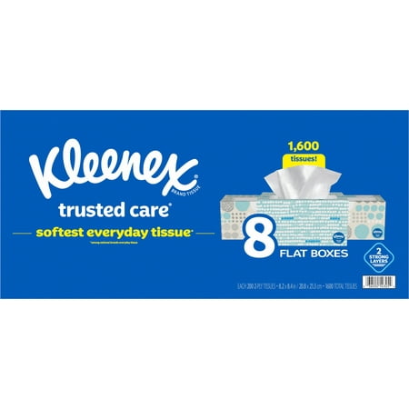 Kleenex Trusted Care Facial Tissues  8 Flat Boxes  200 Tissues per Box  2-Ply (1 600 Total Tissues)