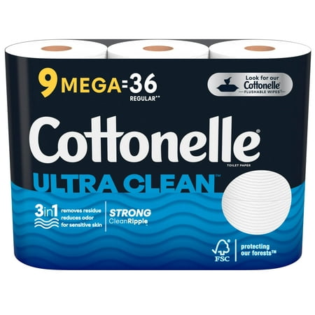 Cottonelle Ultra Clean Toilet Paper  Strong Toilet Tissue  9 Mega Rolls (9 Mega Rolls = 36 Regular Rolls)  312 Sheets per Roll  Packaging May Vary