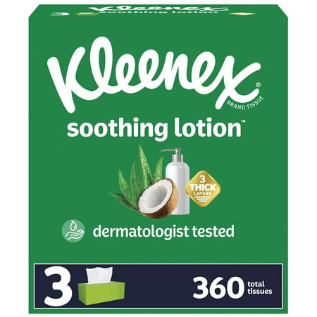 Kleenex Soothing Lotion Facial Tissues with Coconut Oil  3 Flat Boxes  120 Tissues per Box  3-Ply (360 Total Tissues)  Packaging May Vary