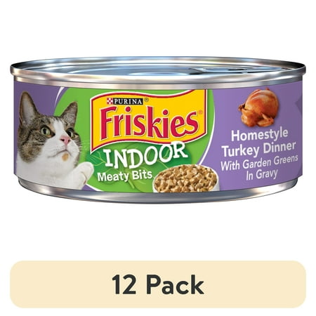 (12 Pack) Purina Friskies Indoor Meaty Bits Turkey Dinner  Wet Cat Food  5.5 Oz Cans