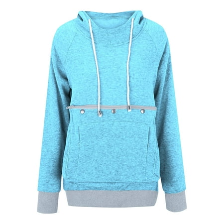 CLZOUD Women Basic Hoodie Loose Fit Pet Pouch Pullover Hooded Drawstring Solid Color Hoodie Cat Dog Large Pocket Sweatshirt Autumn Winter Tops Light B