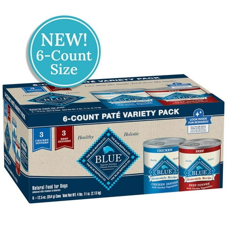 Blue Buffalo Homestyle Recipe Chicken and Beef Pate Adult Wet Dog Food Variety Pk.  Whole Grain  12.5 Oz. Cans (6 Pack)