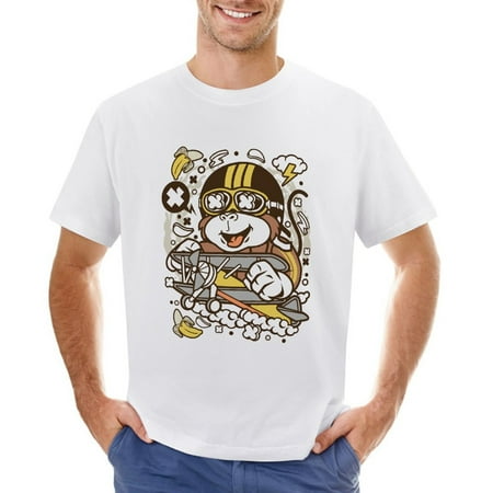 Monkey Pilot Men’s Graphic T-shirt Vintage Short Sleeve Sport Tee White L
