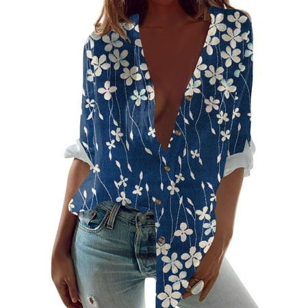 SENDKEEL Womens Summer Tops 2289 Women S Casual Buttons Print Shirts Long Sleeve Oversized Tunic Blouses Tops