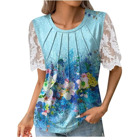 GDfun Summer Tops 6051 Women S Fashion Casual Loose Lace Short Sleeve Printed Pleated T-Shirt Top