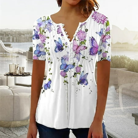 BallsFHK Women S Shirt Blouse Button Floral Print Short Sleeve Casual Basic Round Neck Regular Top Summer Tops for Women 4973 Trendy